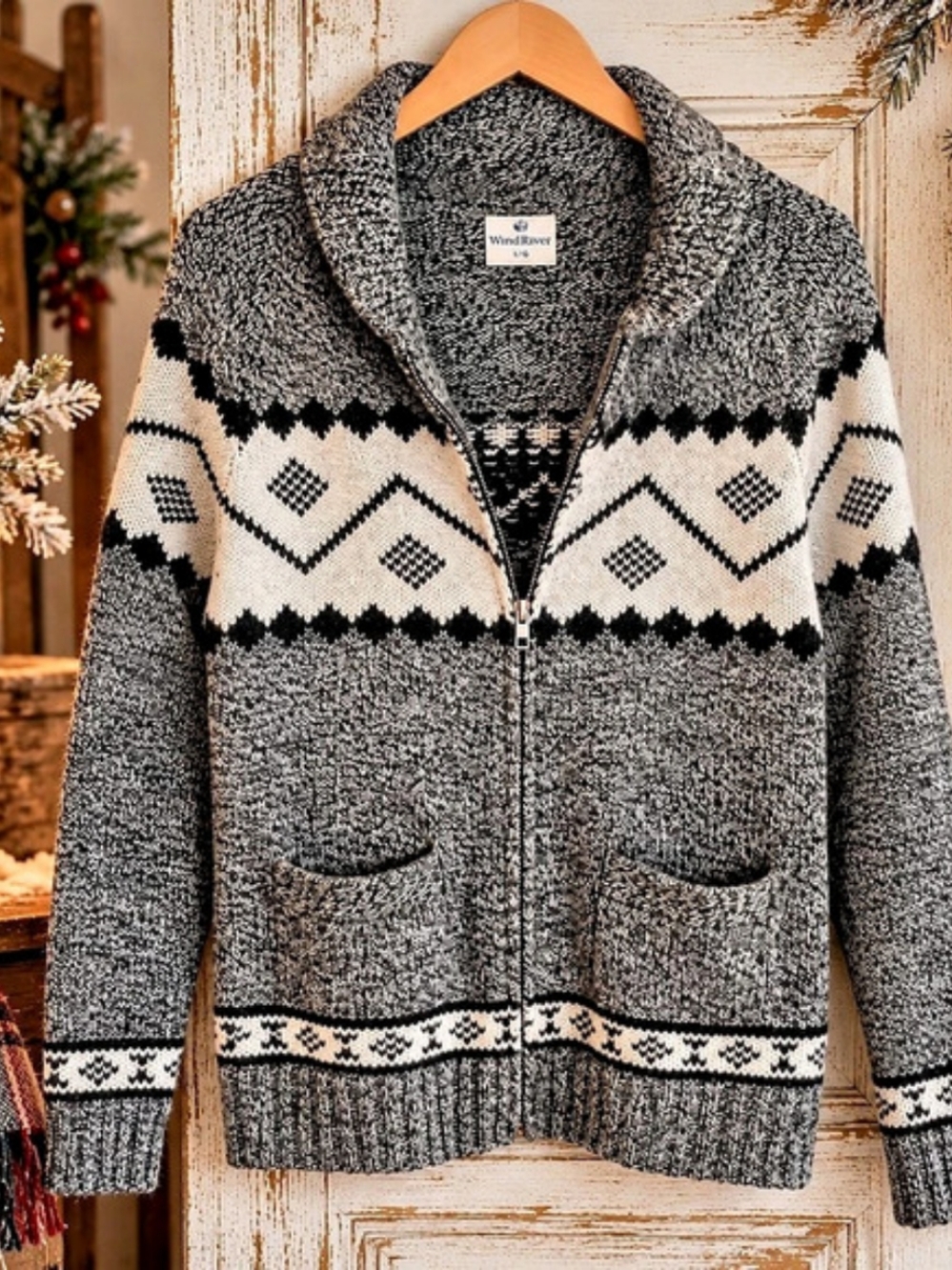 WindRiver Nordic Fair Isle Wool Blend Zip Cardigan L 21" PTP